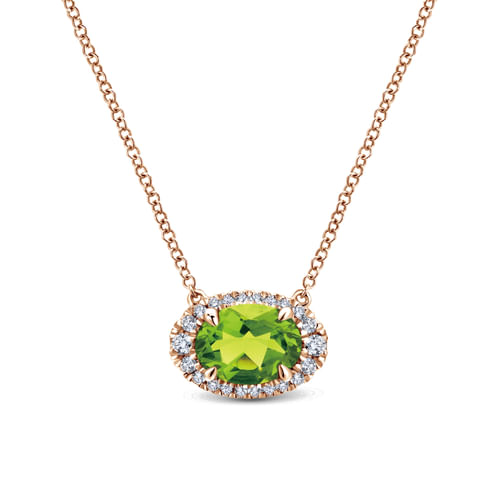 14K Rose Gold Oval Peridot and Diamond Halo Pendant Necklace