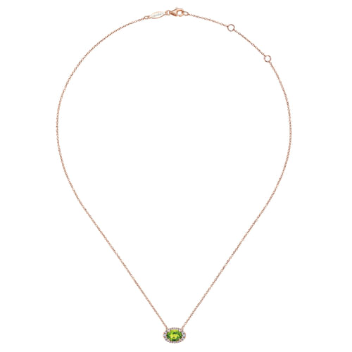 14K Rose Gold Oval Peridot and Diamond Halo Pendant Necklace