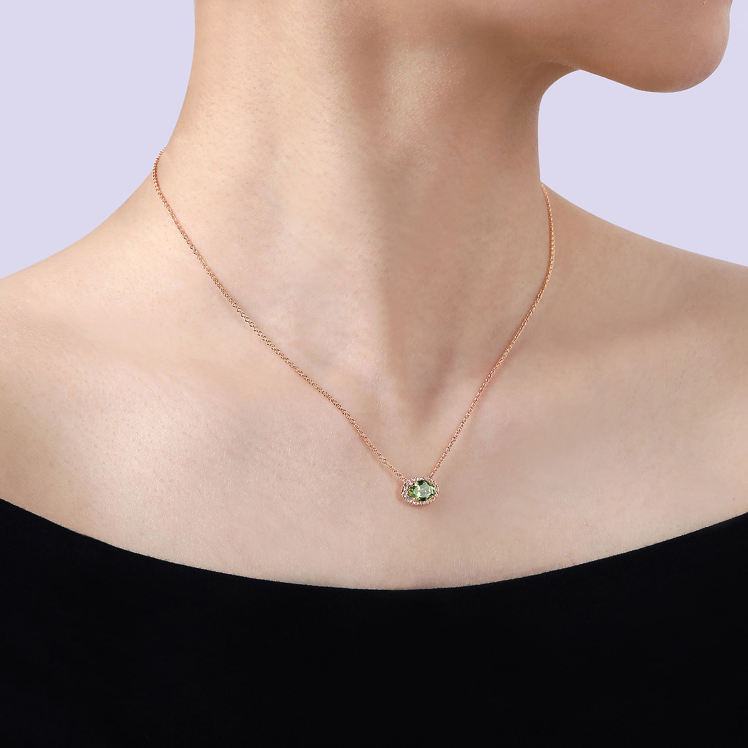 14K Rose Gold Oval Peridot and Diamond Halo Pendant Necklace