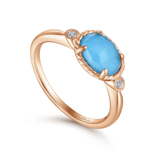14K Rose Gold Oval Rock Crystal/Turquoise Diamond Ring