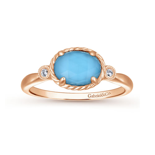 14K Rose Gold Oval Rock Crystal/Turquoise Diamond Ring