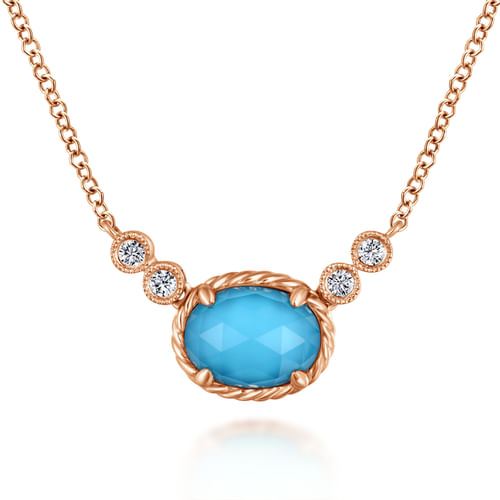 14K Rose Gold Oval Rock Crystal/Turquoise and Diamond Pendant Necklace