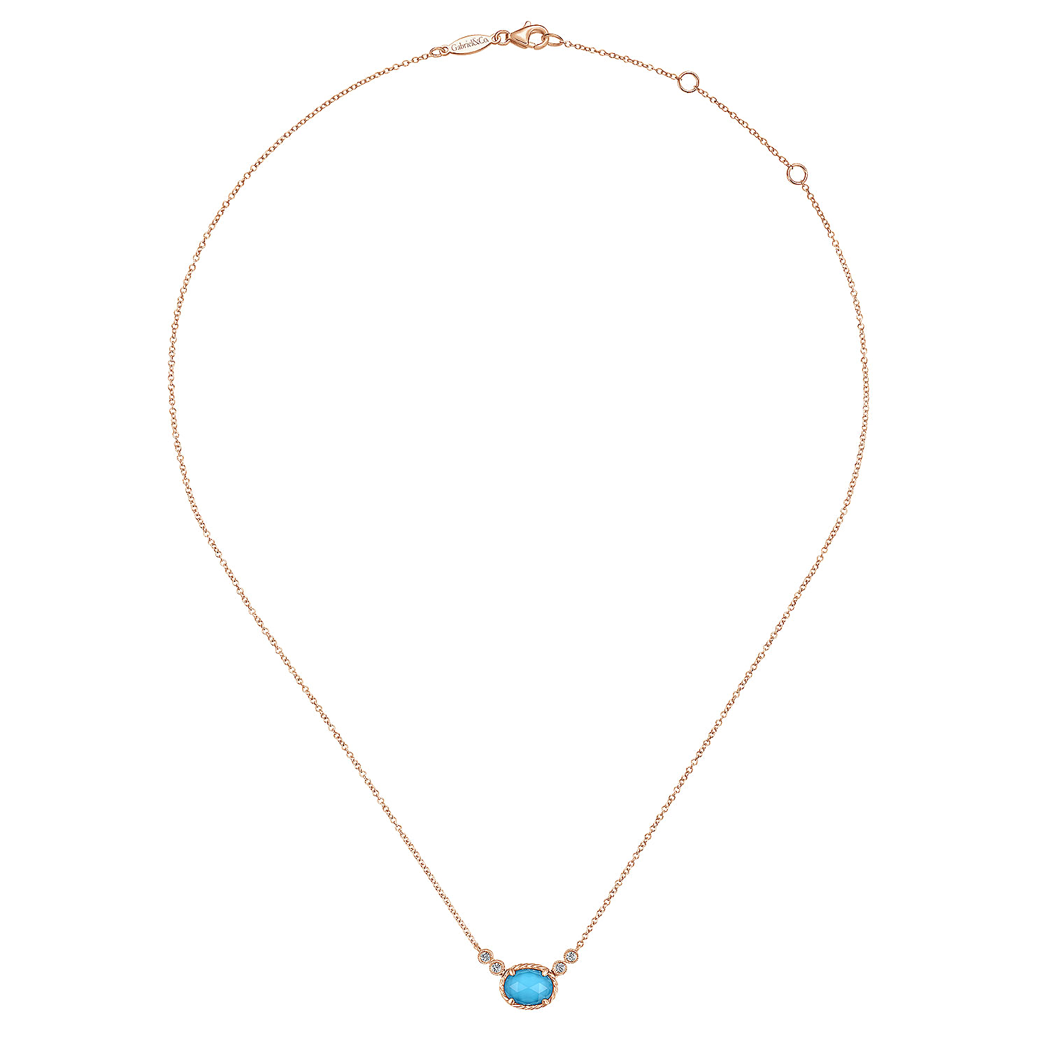 14K Rose Gold Oval Rock Crystal/Turquoise and Diamond Pendant Necklace