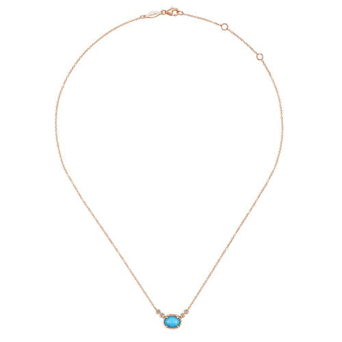 14K Rose Gold Oval Rock Crystal/Turquoise and Diamond Pendant Necklace