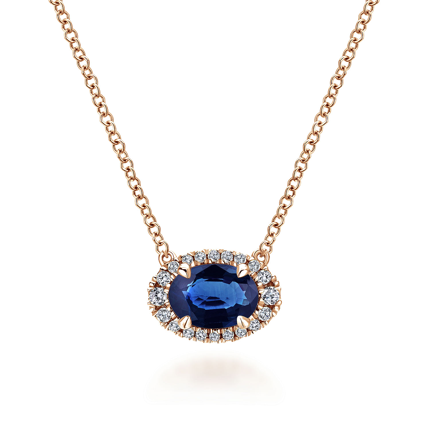 14K Rose Gold Oval Sapphire and Diamond Halo Pendant Necklace