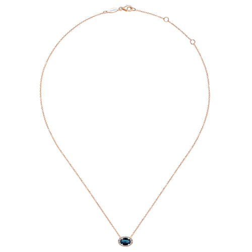 14K Rose Gold Oval Sapphire and Diamond Halo Pendant Necklace