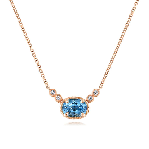 14K Rose Gold Oval Swiss Blue Topaz Pendant Necklace with Diamond Accents
