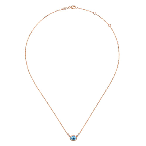 14K Rose Gold Oval Swiss Blue Topaz Pendant Necklace with Diamond Accents