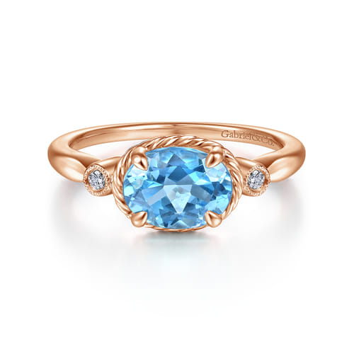 14K Rose Gold Oval Swiss Blue Topaz and Diamond Three Stone Ring