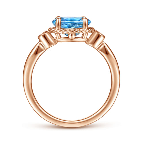 14K Rose Gold Oval Swiss Blue Topaz and Diamond Three Stone Ring