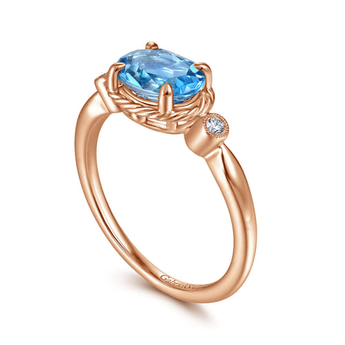 14K Rose Gold Oval Swiss Blue Topaz and Diamond Three Stone Ring
