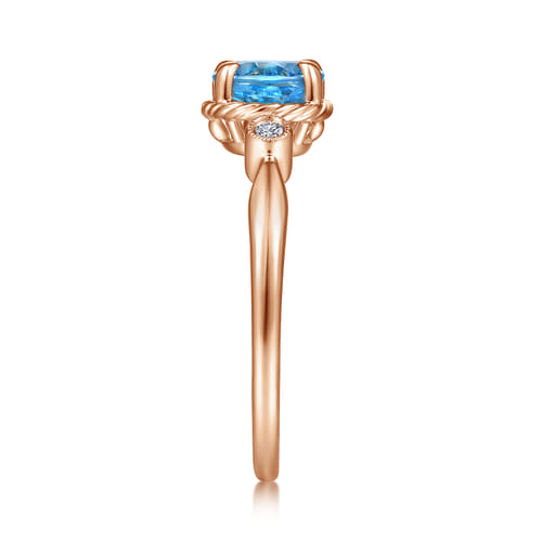 14K Rose Gold Oval Swiss Blue Topaz and Diamond Three Stone Ring