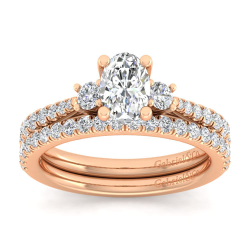 14K Rose Gold Oval Three Stone Diamond Engagement Ring
