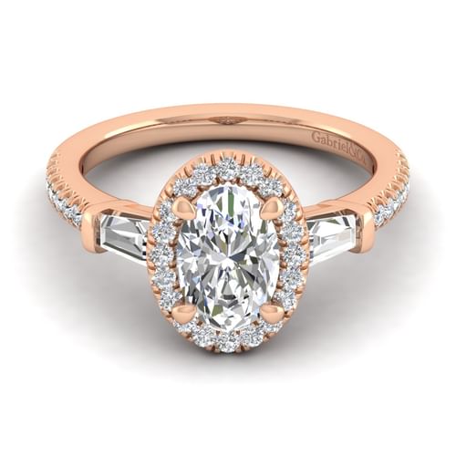 14K Rose Gold Oval Three Stone Halo Diamond Channel Set Engagement Ring