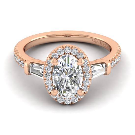 Gabriel - 14K Rose Gold Oval Three Stone Halo Diamond Channel Set Engagement Ring