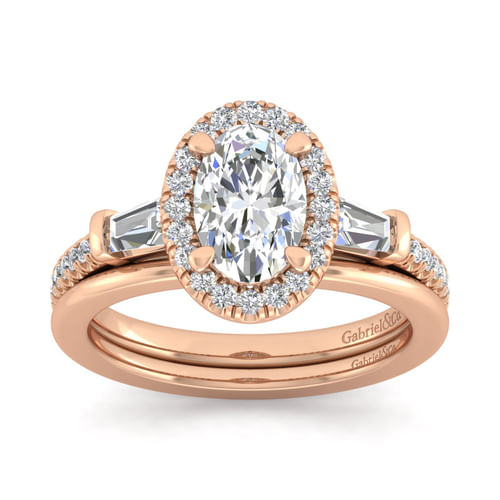 14K Rose Gold Oval Three Stone Halo Diamond Channel Set Engagement Ring
