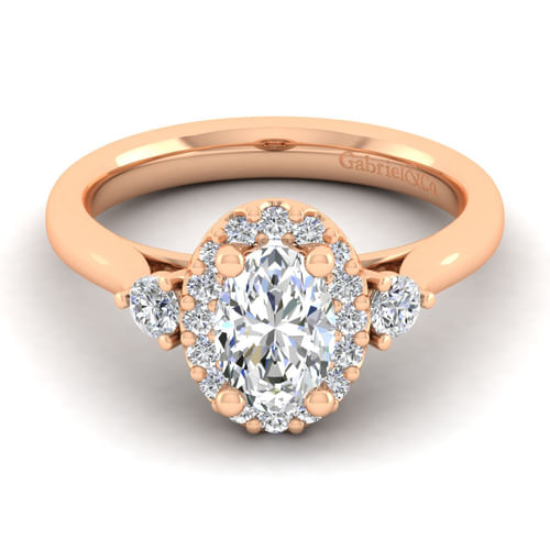 14K Rose Gold Oval Three Stone Halo Diamond Engagement Ring
