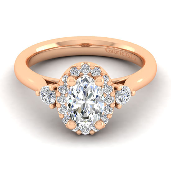 Gabriel - 14K Rose Gold Oval Three Stone Halo Diamond Engagement Ring
