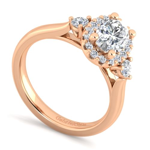 14K Rose Gold Oval Three Stone Halo Diamond Engagement Ring