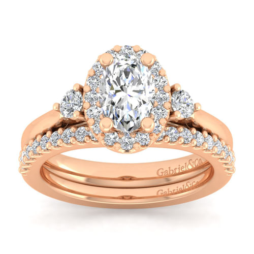 14K Rose Gold Oval Three Stone Halo Diamond Engagement Ring