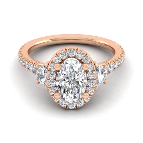 14K Rose Gold Oval Three Stone Halo Diamond Engagement Ring
