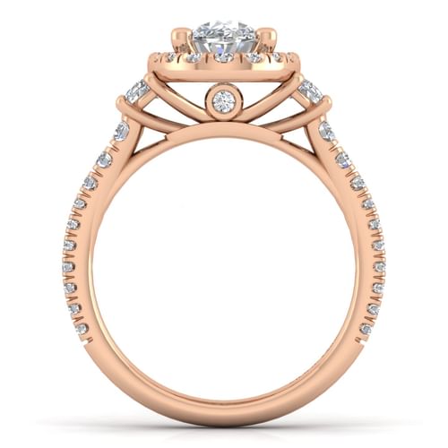 14K Rose Gold Oval Three Stone Halo Diamond Engagement Ring