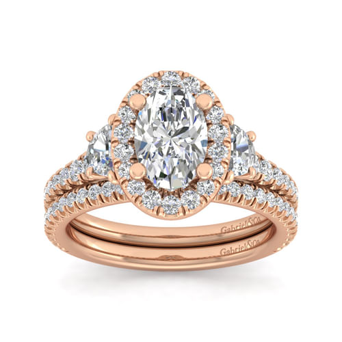 14K Rose Gold Oval Three Stone Halo Diamond Engagement Ring