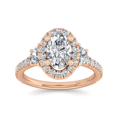 14K Rose Gold Oval Three Stone Halo Diamond Engagement Ring