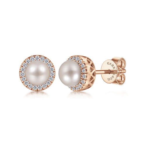 14K Rose Gold PL- Diamond Halo Stud Earrings