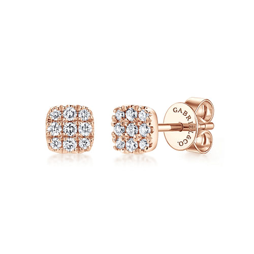 14K Rose Gold Pavé Diamond Cushion Cut Stud Earrings