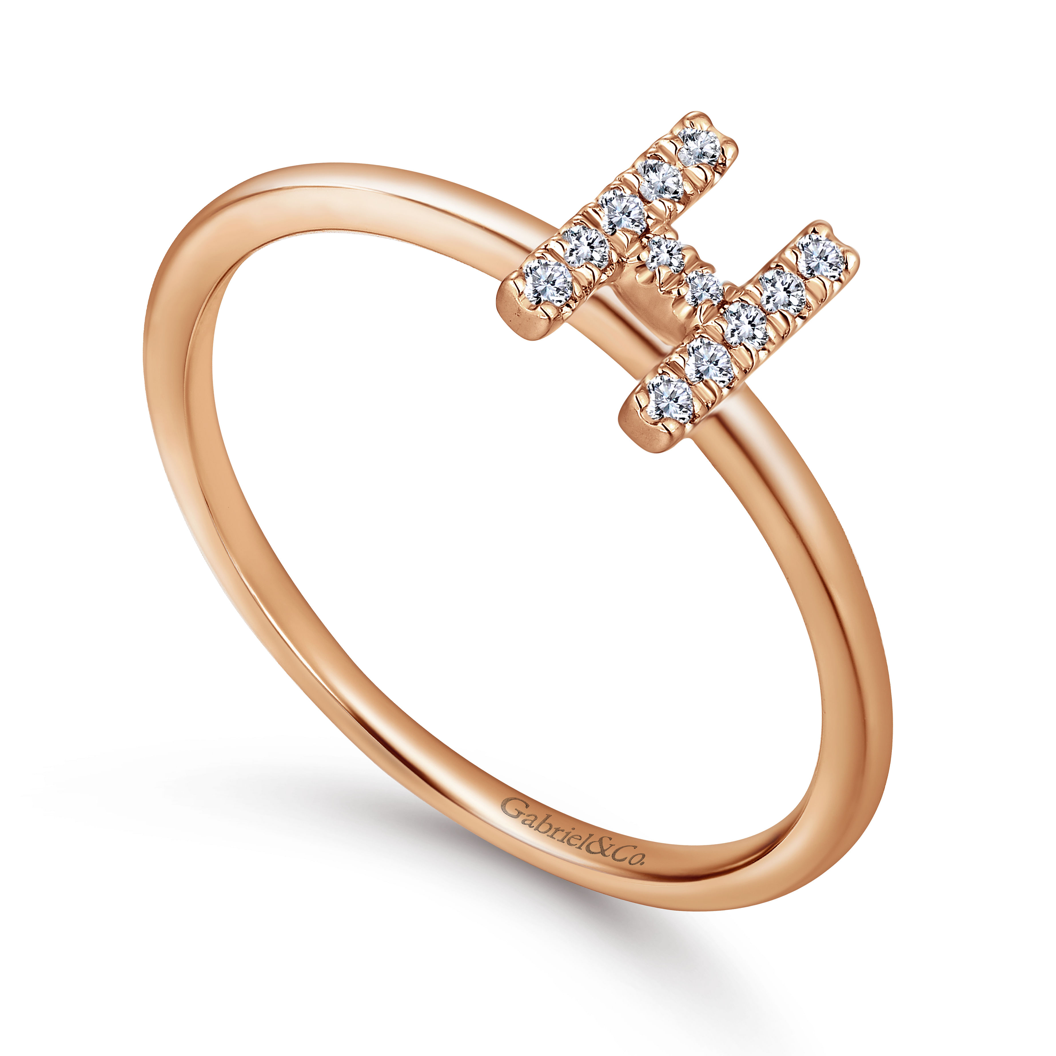 14K Rose Gold Pavé Diamond Uppercase H Initial Ring