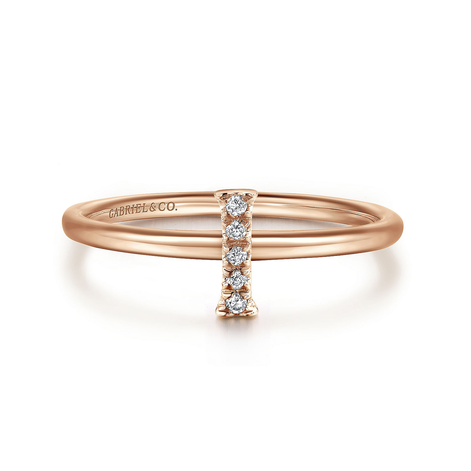 14K Rose Gold Pavé Diamond Uppercase I Initial Ring