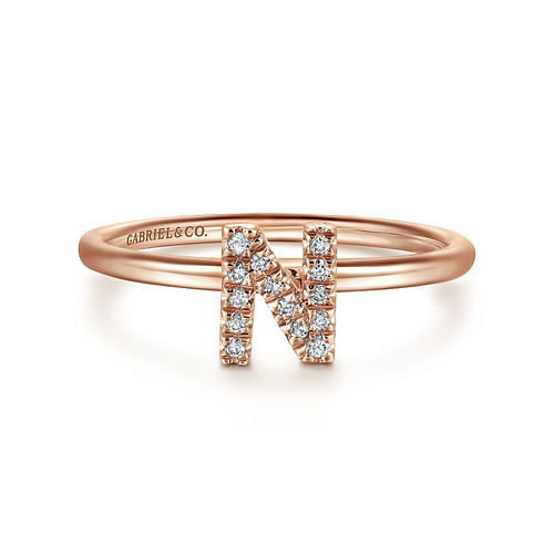 14K Rose Gold Pavé Diamond Uppercase N Initial Ring