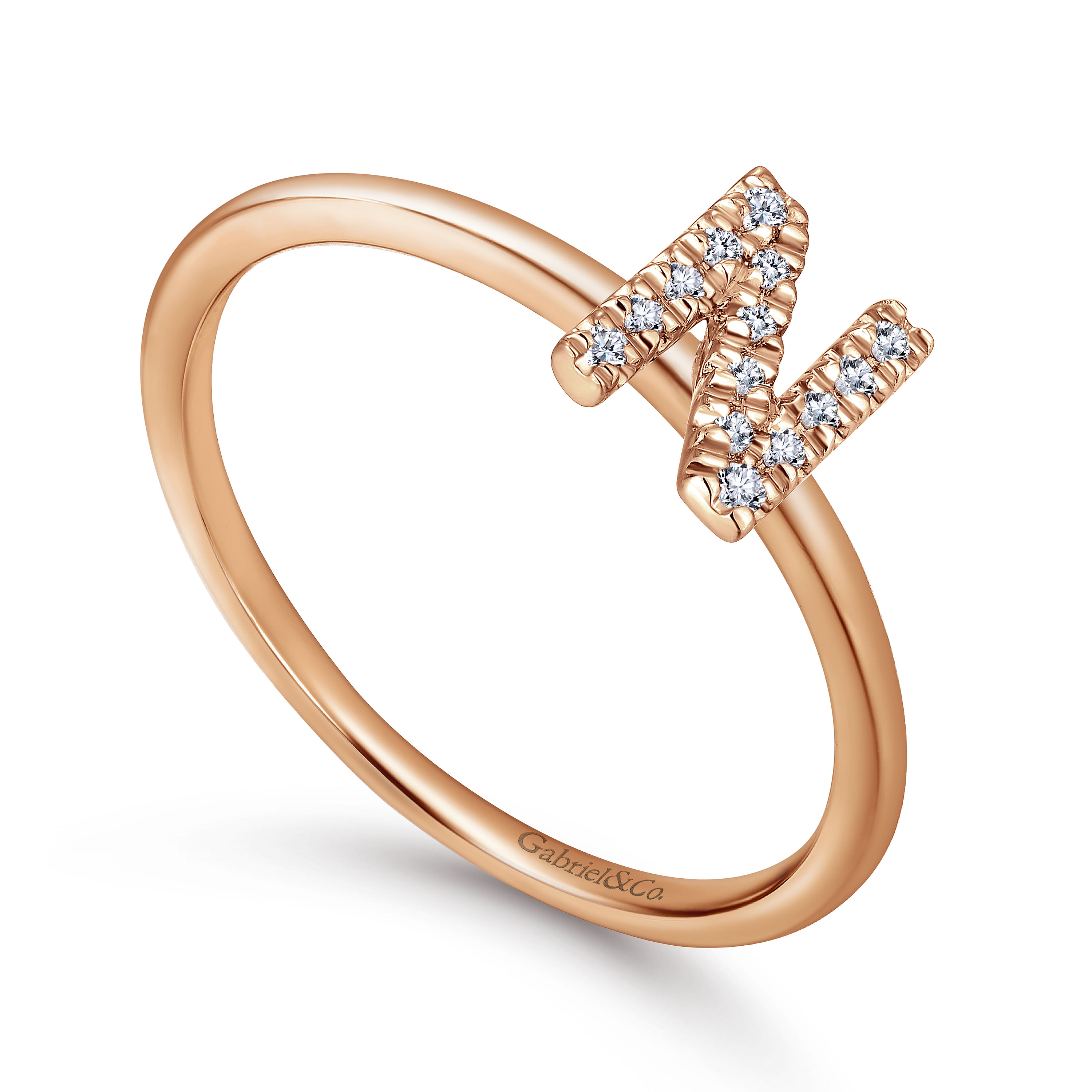 14K Rose Gold Pavé Diamond Uppercase N Initial Ring