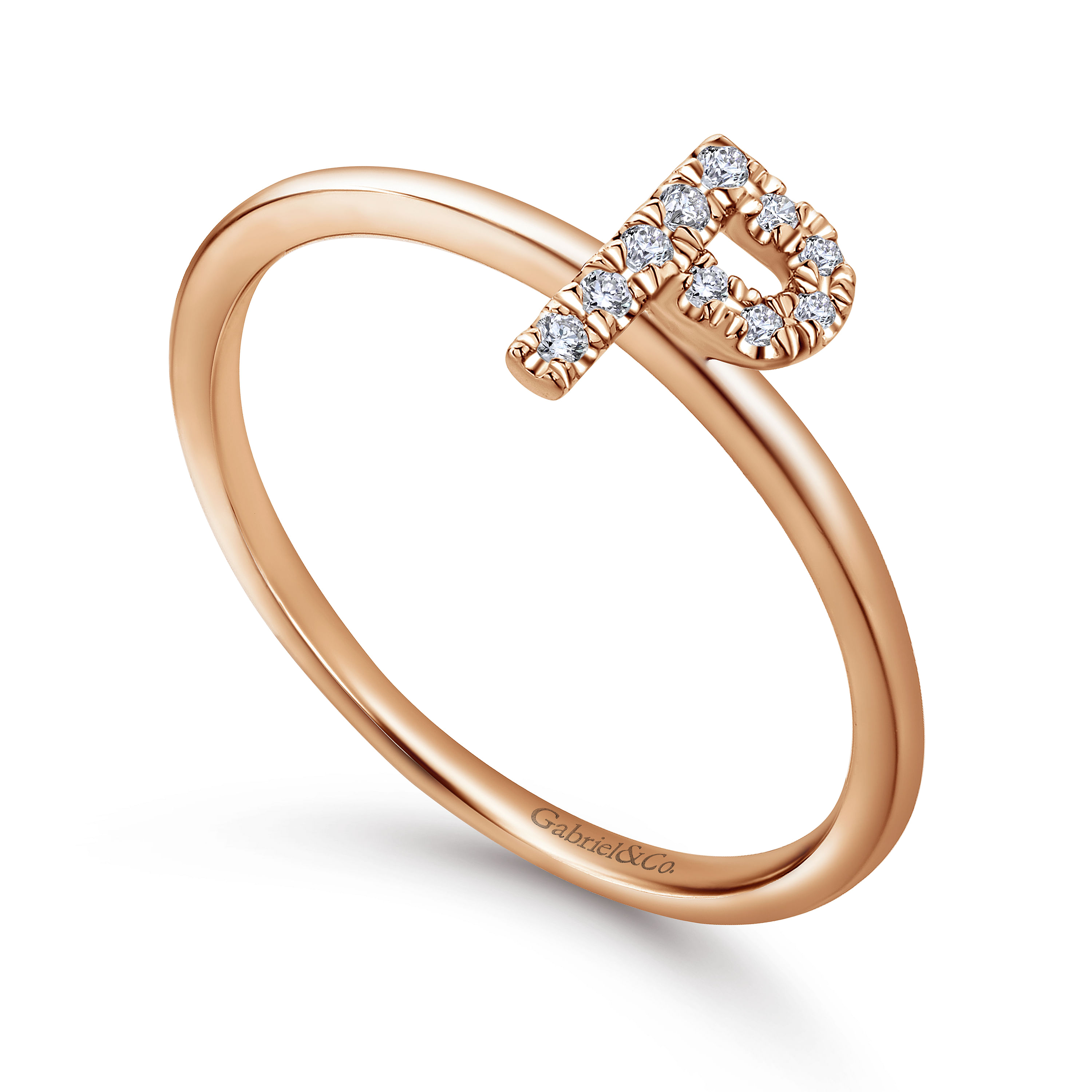 14K Rose Gold Pavé Diamond Uppercase P Initial Ring