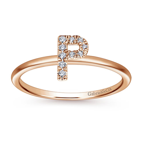 14K Rose Gold Pavé Diamond Uppercase P Initial Ring