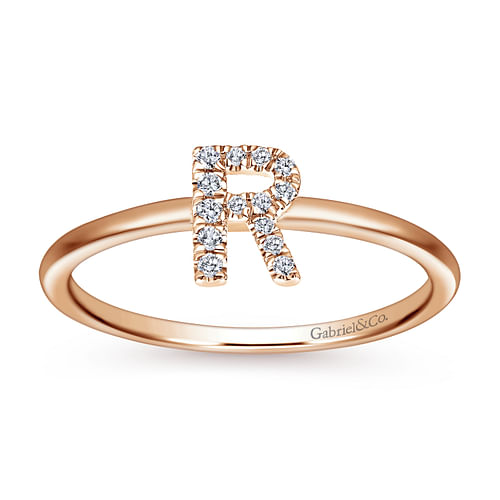 14K Rose Gold Pavé Diamond Uppercase R Initial Ring