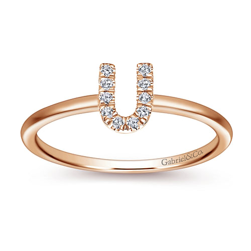 14K Rose Gold Pavé Diamond Uppercase U Initial Ring