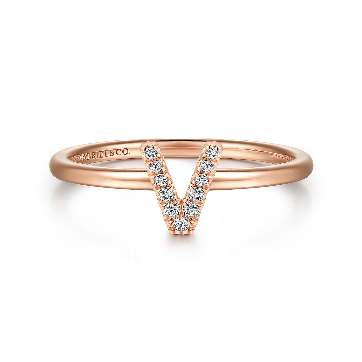 14K Rose Gold Pavé Diamond Uppercase V Initial Ring