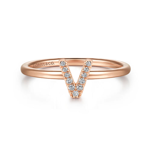 14K Rose Gold Pavé Diamond Uppercase V Initial Ring