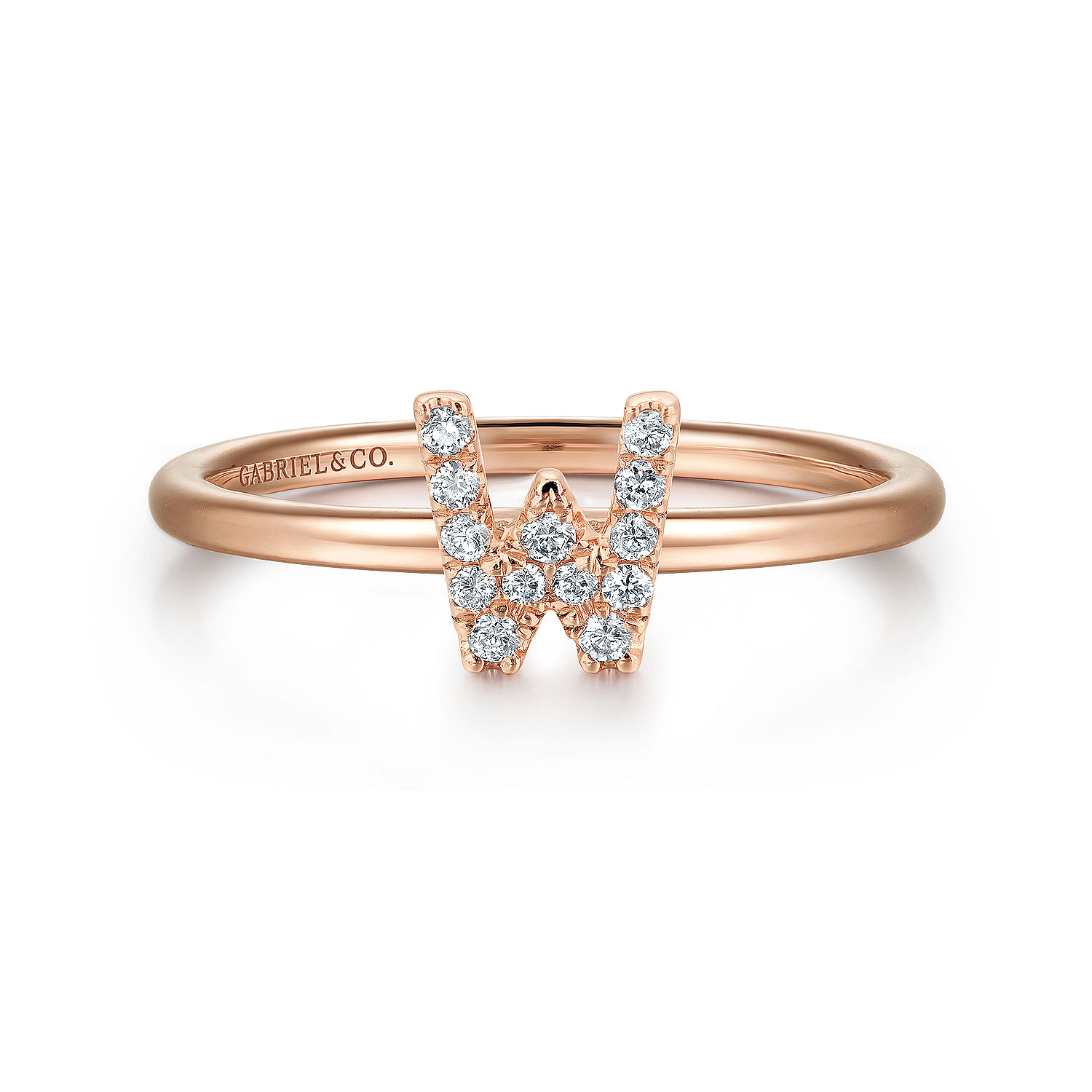 14K Rose Gold Pavé Diamond Uppercase W Initial Ring