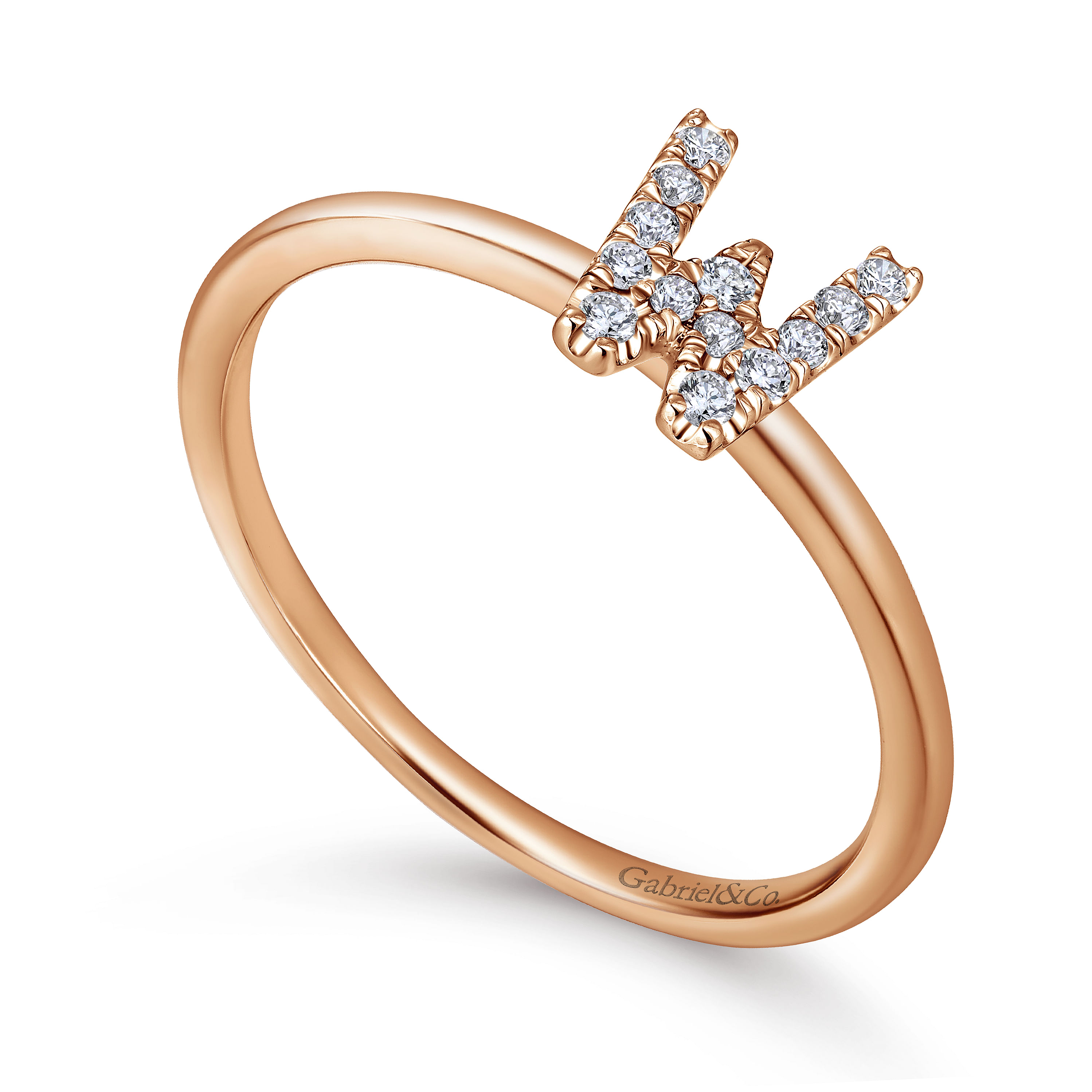 14K Rose Gold Pavé Diamond Uppercase W Initial Ring