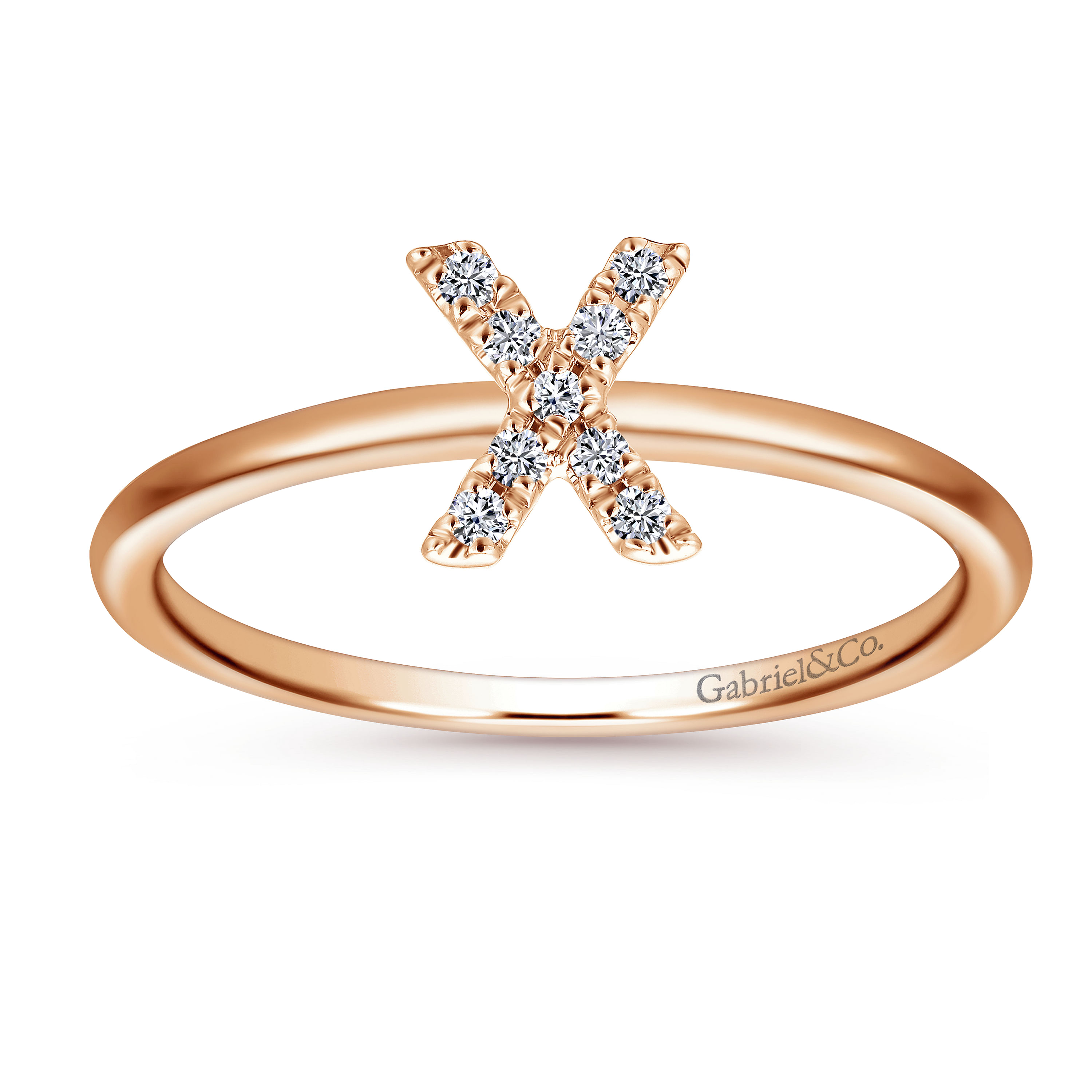 14K Rose Gold Pavé Diamond Uppercase X Initial Ring
