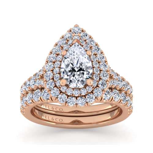 14K Rose Gold Pear Shape Double Halo Diamond Engagement Ring