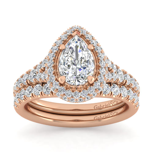 14K Rose Gold Pear Shape Halo Diamond Engagement Ring