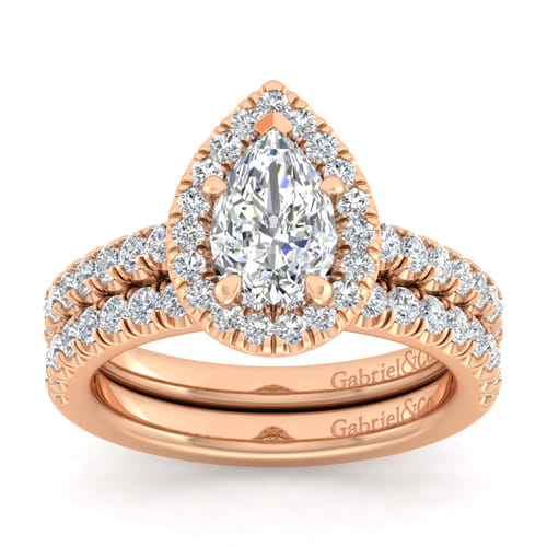 14K Rose Gold Pear Shape Halo Diamond Engagement Ring
