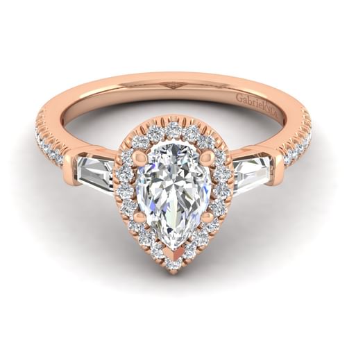 14K Rose Gold Pear Shape Three Stone Halo Diamond Channel Set Engagement Ring