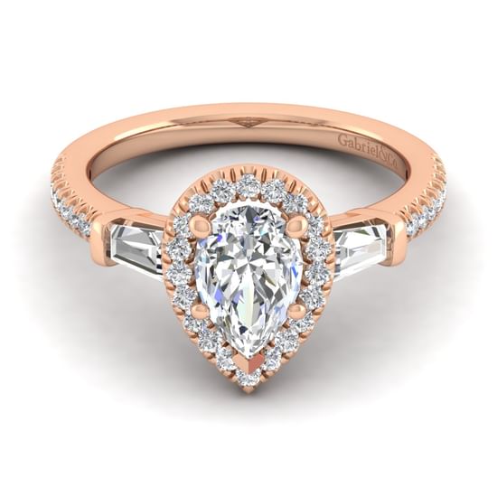 Gabriel - 14K Rose Gold Pear Shape Three Stone Halo Diamond Channel Set Engagement Ring