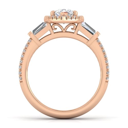 14K Rose Gold Pear Shape Three Stone Halo Diamond Channel Set Engagement Ring