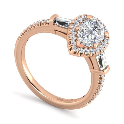 14K Rose Gold Pear Shape Three Stone Halo Diamond Channel Set Engagement Ring
